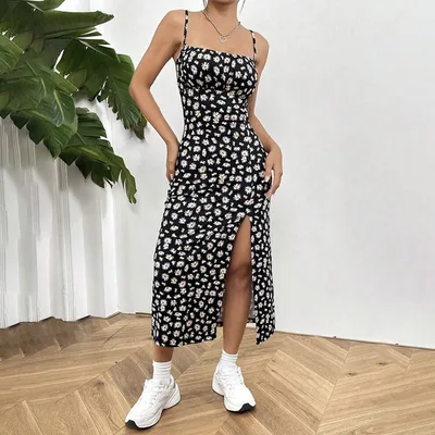 Spaghetti Straps Chest Wrap Slit Sheath Women's Dress Black - Shop at LoveMi
