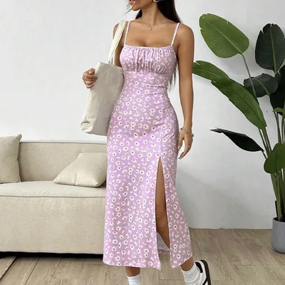 Spaghetti Straps Chest Wrap Slit Sheath Women's Dress Purple - Shop at LoveMi