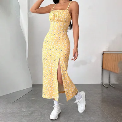 Spaghetti Straps Chest Wrap Slit Sheath Women's Dress Yellow - Shop at LoveMi