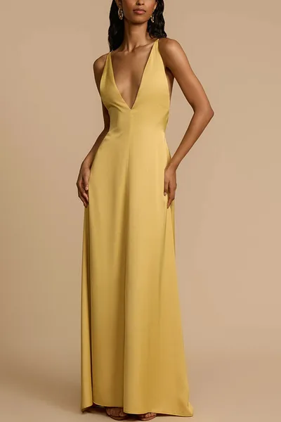 Women's Sexy Backless V neck Satin Long Dress Gold - Shop at LoveMi