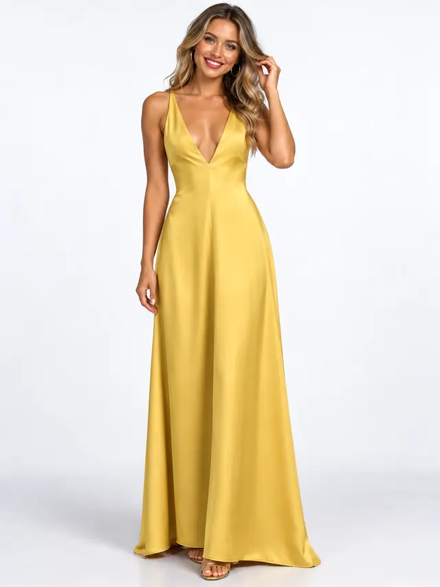 Women's Sexy Backless V neck Satin Long Dress Gold - Shop at LoveMi