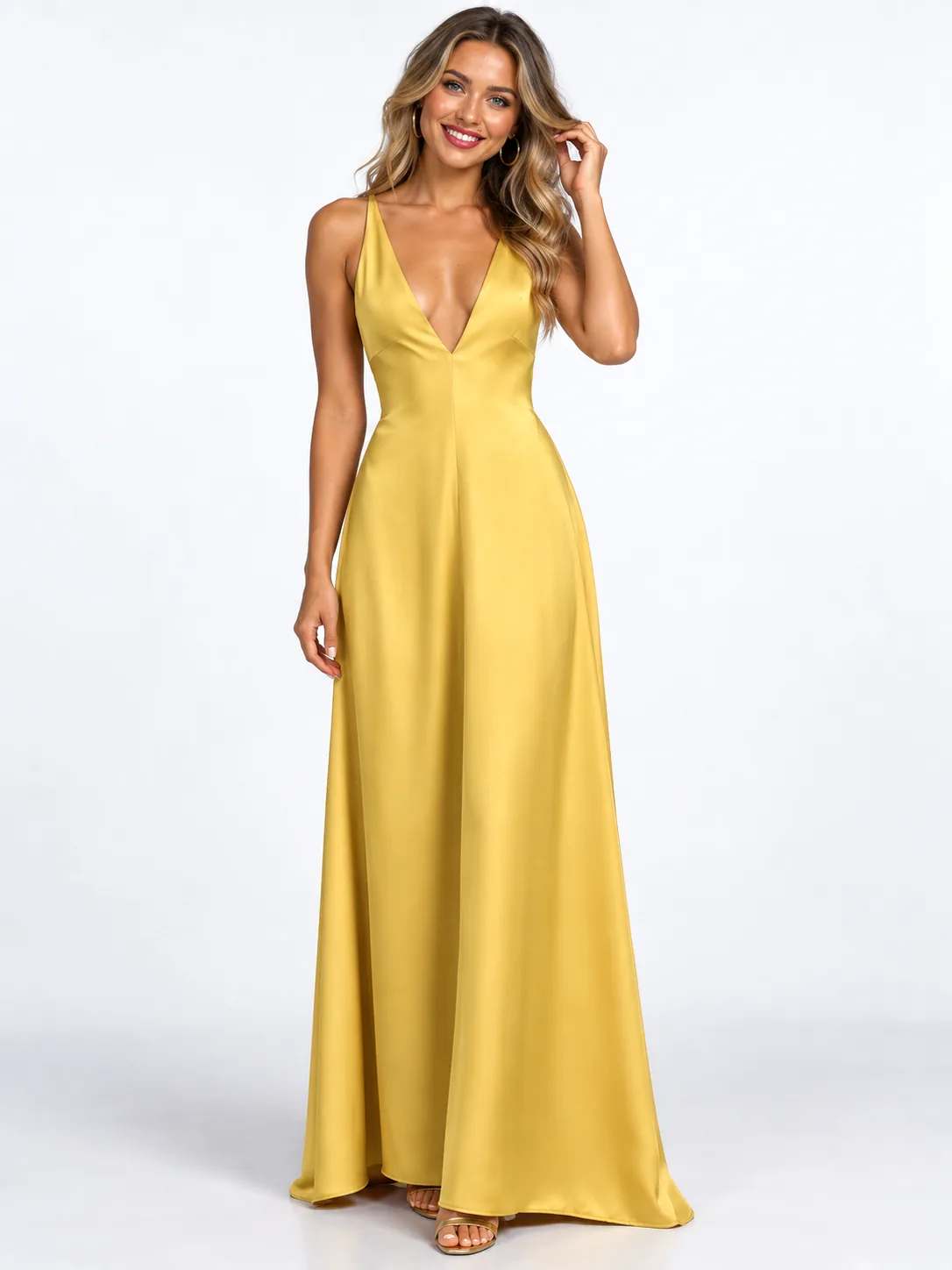 Women's Sexy Backless V-neck Satin Long Dress - Gold