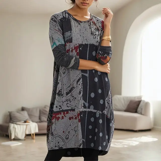 Women's Plus Size Abstract Printing Vintage Dress Gray - Shop at LoveMi