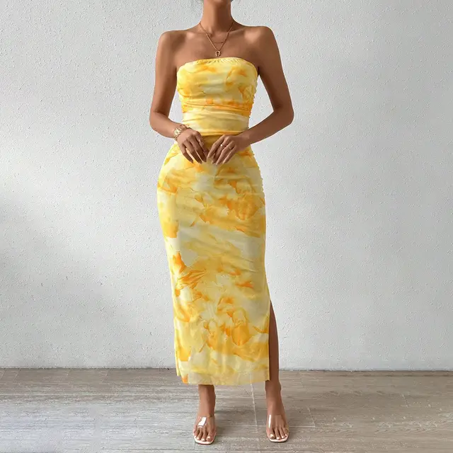 Women's Mesh Floral Print Dress New High Waist Slim Slit Tube Top - Shop at LoveMi