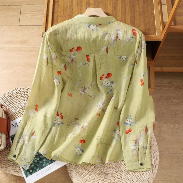 Korean Style Cotton And Linen Printed Long Sleeve Loose Yellow - Shop at LoveMi