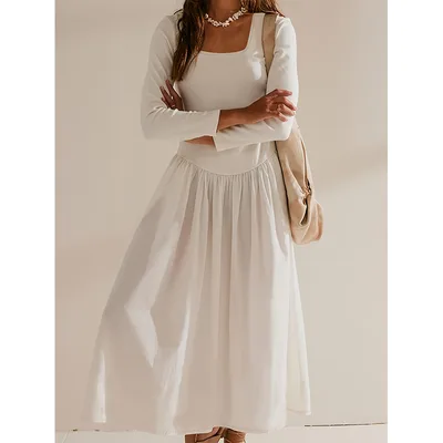 Fashion Slim Solid Color Long Sleeve Dress For Women White - Shop at LoveMi