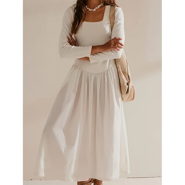 Fashion Slim Solid Color Long Sleeve Dress For Women White - Shop at LoveMi