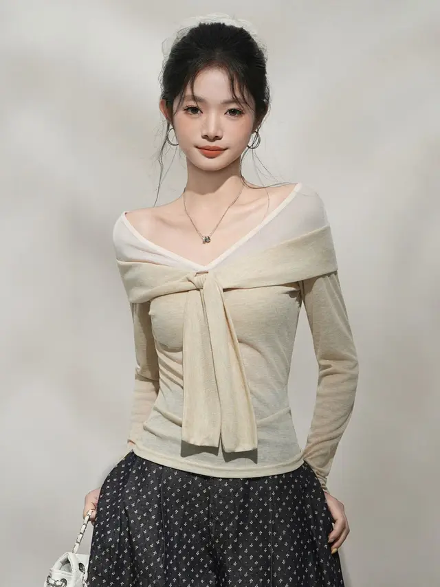 Fashion Slim Fit Stitching Long Sleeve T shirt Women Light Khaki - Shop at LoveMi