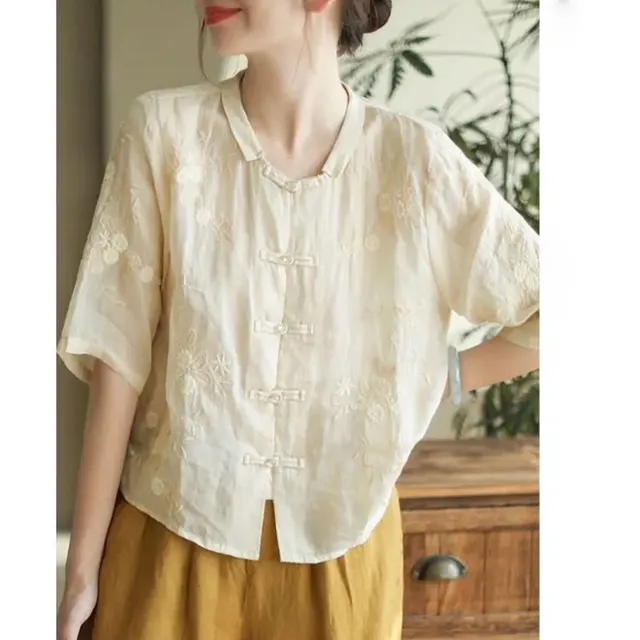 Cotton And Linen Embroidery Embroidered Shirt For Women Summer Apricot - Shop at LoveMi