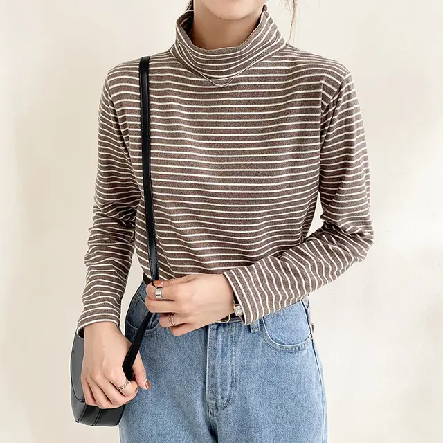 Spring And Autumn Slim Fit Long sleeved T shirt Striped Top Brown - Shop at LoveMi