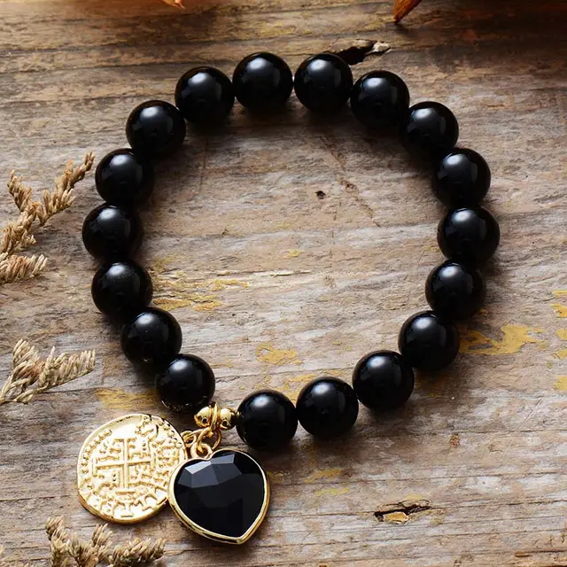 Natural Stone Amethyst Stretch Handmade Beaded Bracelet Black Agate - Shop at LoveMi
