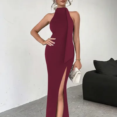 Sexy Backless Lace Up High Slit Sleeveless Dress Wine Red - Shop at LoveMi