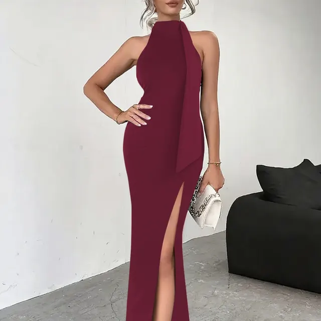 Sexy Backless Lace Up High Slit Sleeveless Dress Wine Red - Shop at LoveMi