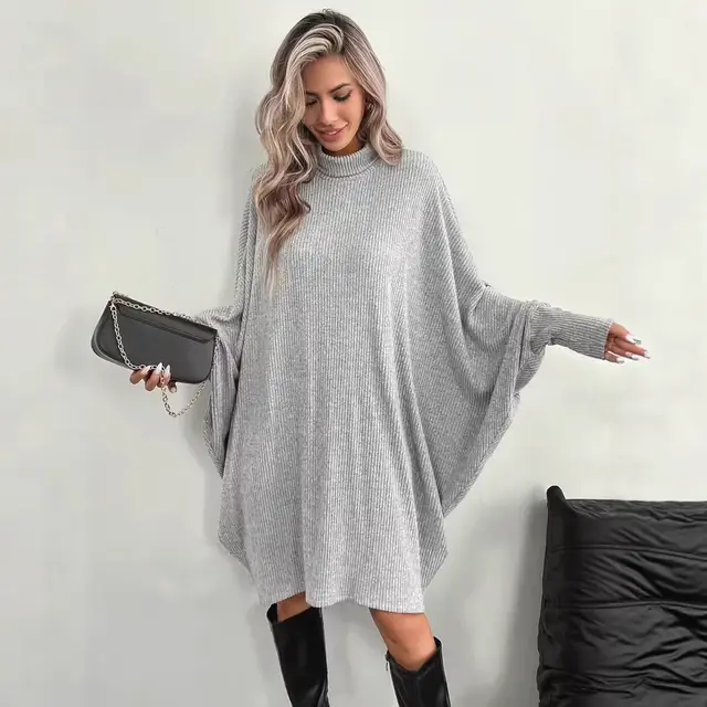 Women's Elegant Loose Batwing Sleeve Dress Turtleneck Long Sleeve Gray - Shop at LoveMi