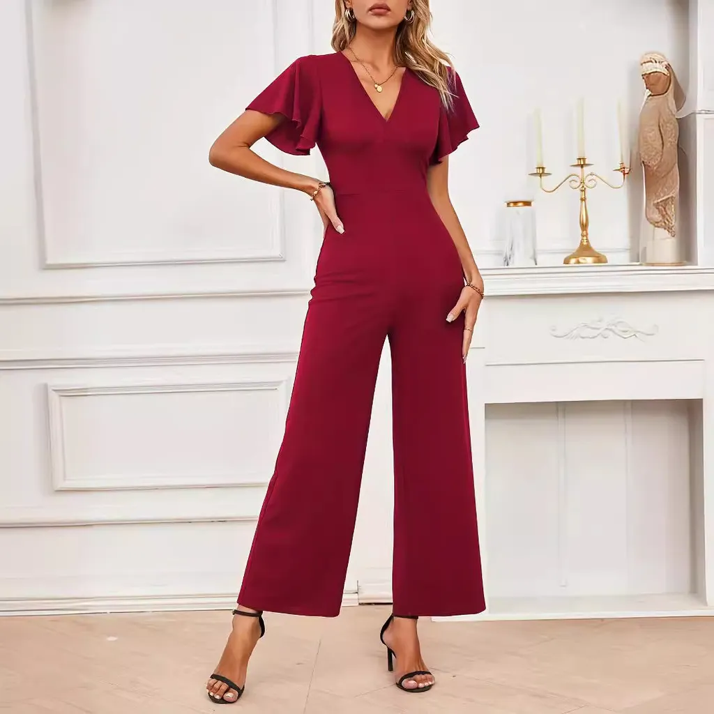 Lotus Leaf Flounced Sleeve Top Plus Straight-leg Pants Two-piece Set - Wine Red