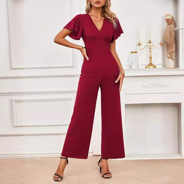 Lotus Leaf Flounced Sleeve Top Plus Straight leg Pants Two piece Set Wine Red - Shop at LoveMi