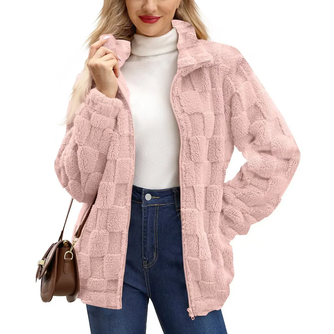 Women's Zipped Stand Collar Loose Jacquard Square Plaid Plush Coat - Lotus Root Color