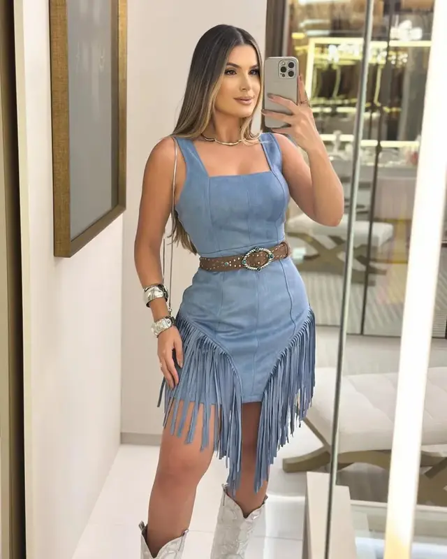 Women's Cotton Square Collar Sling Tassel Dress Without Belt Blue - Shop at LoveMi