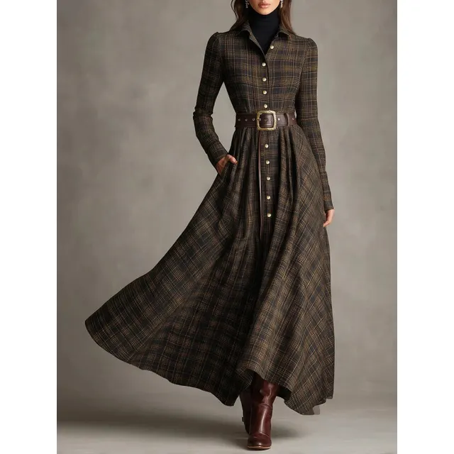 Printing Lapel Elastic And Waisted Shirt Dress Long Skirt Plaid - Shop at LoveMi