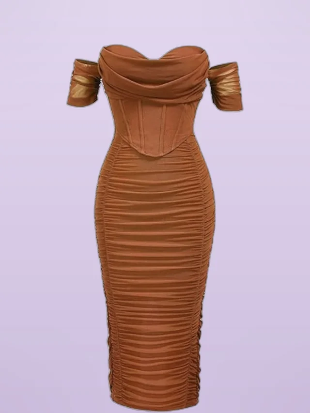 Cold shoulder Bodycon Corset Pleated Mid length Dress Camel - Shop at LoveMi