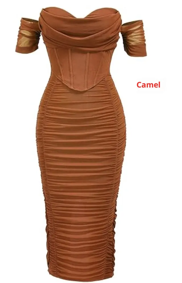 Cold shoulder Bodycon Corset Pleated Mid length Dress Camel - Shop at LoveMi