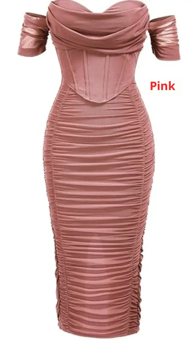 Cold shoulder Bodycon Corset Pleated Mid length Dress Pink - Shop at LoveMi