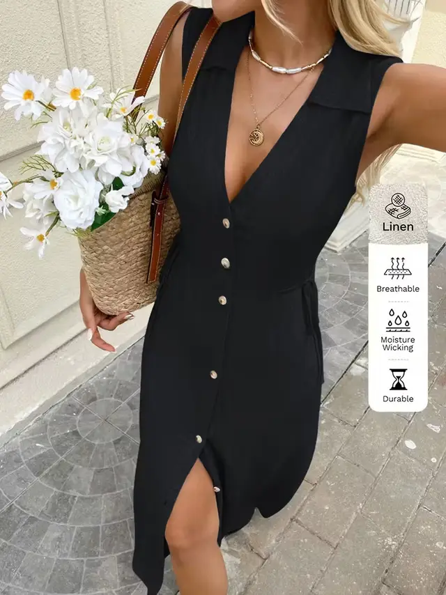 Solid Color And V neck Bohemian Sleeveless Button Dress Black - Shop at LoveMi
