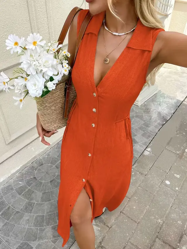 Solid Color And V neck Bohemian Sleeveless Button Dress Orange Red - Shop at LoveMi