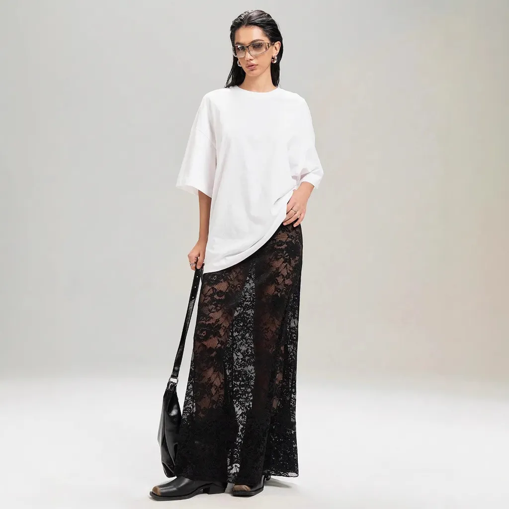 Slim-fit Sheath Street Fashion High Waist Lace Skirt - Black