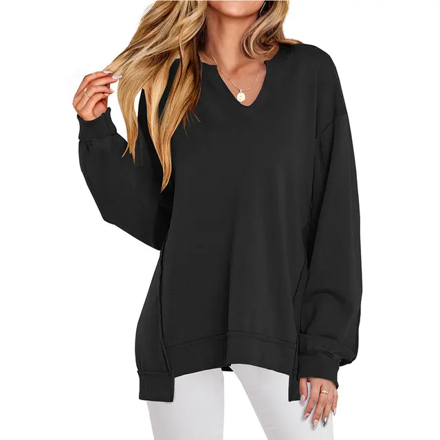 Women's Colorful Striped V neck Loose Sweatshirt Sweater Black - Shop at LoveMi