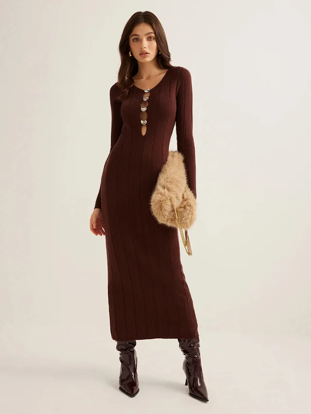 Retro Solid Color V neck Slim fit Long Sleeve Hip Knitwear Dress Brown - Shop at LoveMi