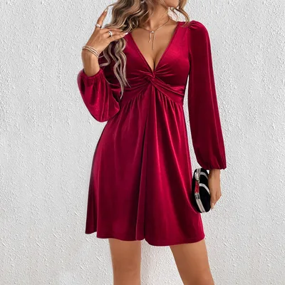 Sexy V neck Waist A Line Long Sleeve Party Velvet Dress Wine Red - Shop at LoveMi