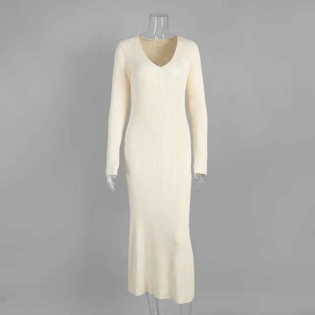 V neck Slim Solid Color Long Sleeve Dress Apricot Beige - Shop at LoveMi