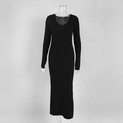 V neck Slim Solid Color Long Sleeve Dress Black - Shop at LoveMi