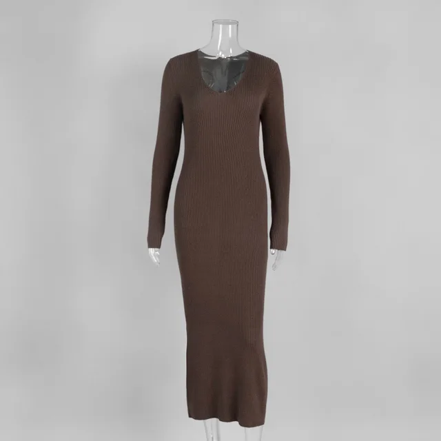 V neck Slim Solid Color Long Sleeve Dress Brown - Shop at LoveMi