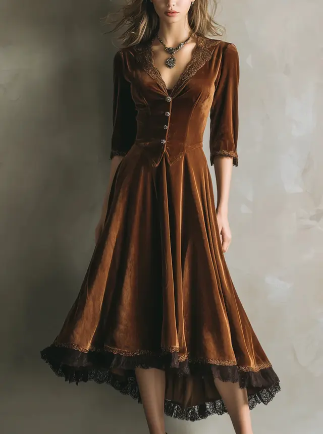 Autumn And Winter Velvet Stitching Lace Large Swing Dress Dark Brown - Shop at LoveMi
