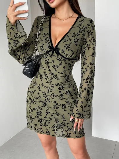 New Bell Sleeve Double layer Mesh Flocking Large V neck Dress Olive Green - Shop at LoveMi
