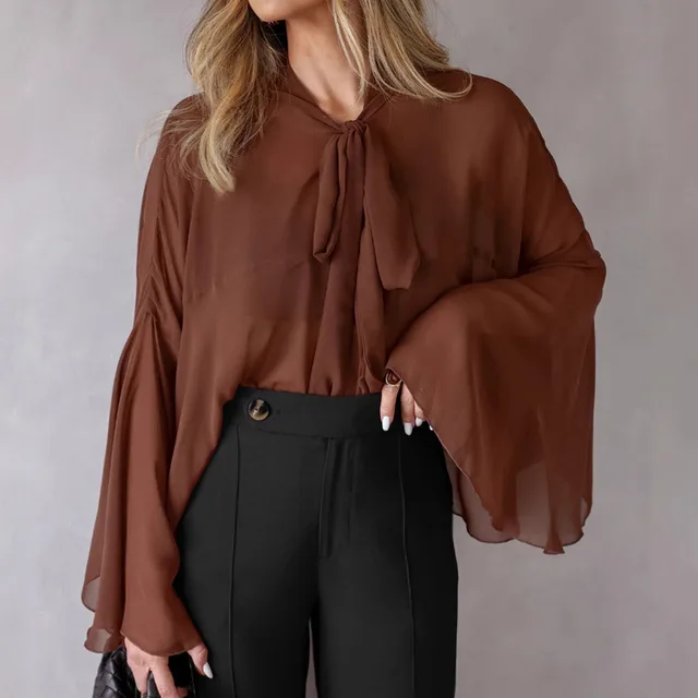 Drop shoulder Sleeve Versatile Simple Lace French Shirt Dark Brown - Shop at LoveMi