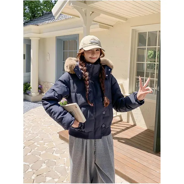 Korean Sweet Big Fur Collar Hooded Cotton Coat Jacket Dark Blue - Shop at LoveMi