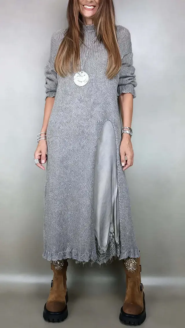 Autumn Lace Sling Slit Woolen Skirt Two piece Set Gray - Shop at LoveMi