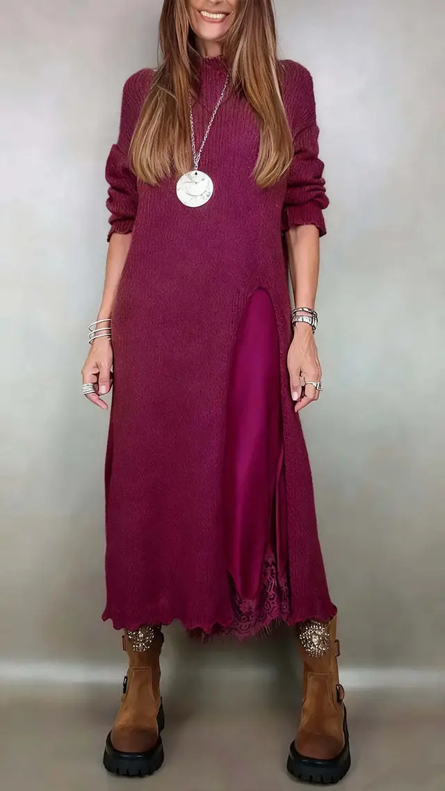 Autumn Lace Sling Slit Woolen Skirt Two piece Set Wine Red - Shop at LoveMi