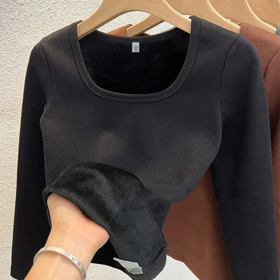 Fleece lined Square Collar Bottoming Shirt Women's Keep Warm Pure Color Slim Fit Black - Shop at LoveMi