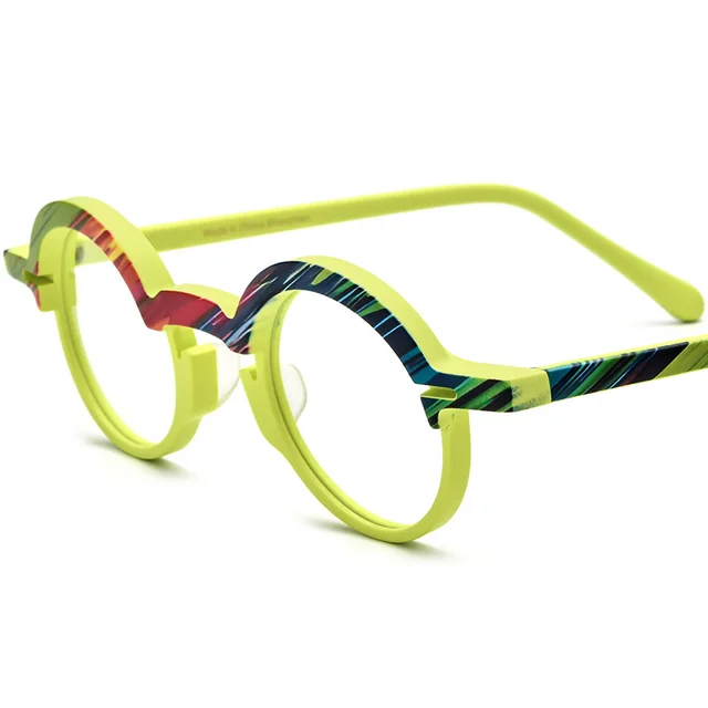 Anti blue Light Multicolor Patchwork Round Plate Glasses Yellow Frame C2 - Shop at LoveMi