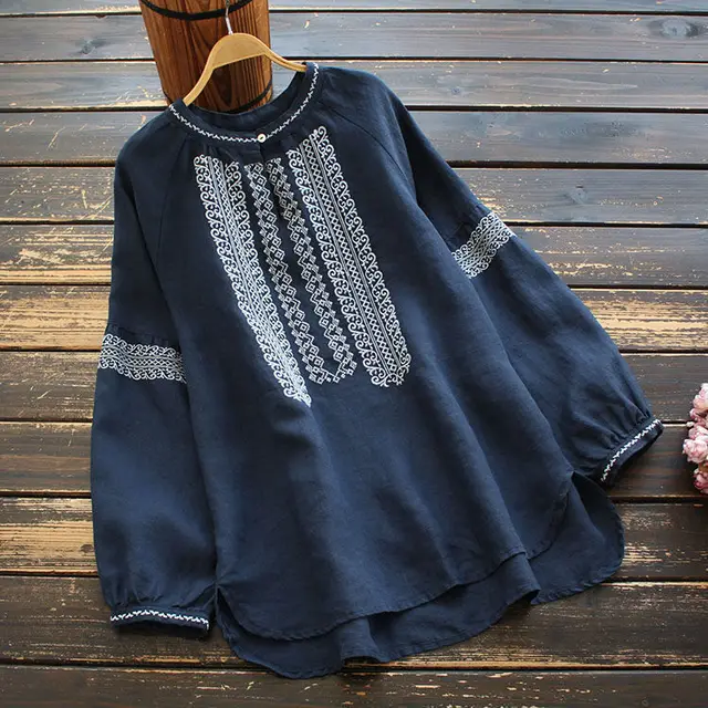 Ethnic Style Wheat Embroidery Long Sleeve Loose Top Navy Blue - Shop at LoveMi