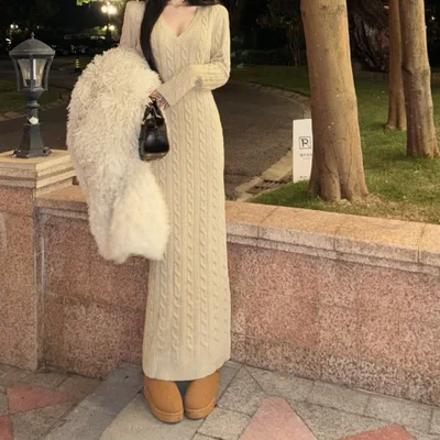 Retro Twist Knitted Dress Women's Fashion Slimming Inner Beige - Shop at LoveMi