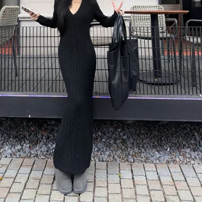 Retro Twist Knitted Dress Women's Fashion Slimming Inner Black - Shop at LoveMi