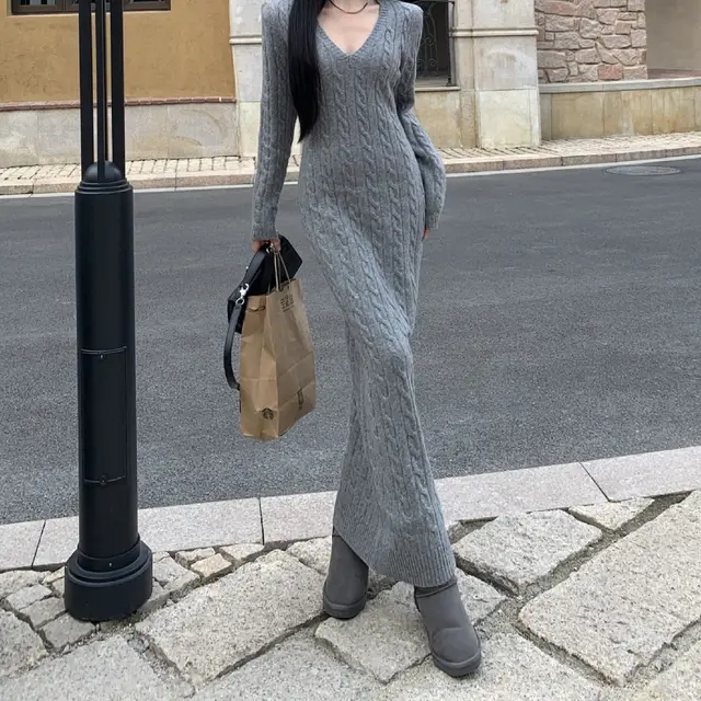 Retro Twist Knitted Dress Women's Fashion Slimming Inner Gray - Shop at LoveMi