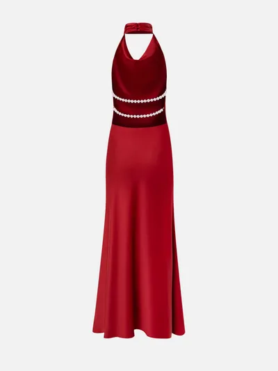 Satin Sexy V neck Pearl Backless Halter Dress Red - Shop at LoveMi