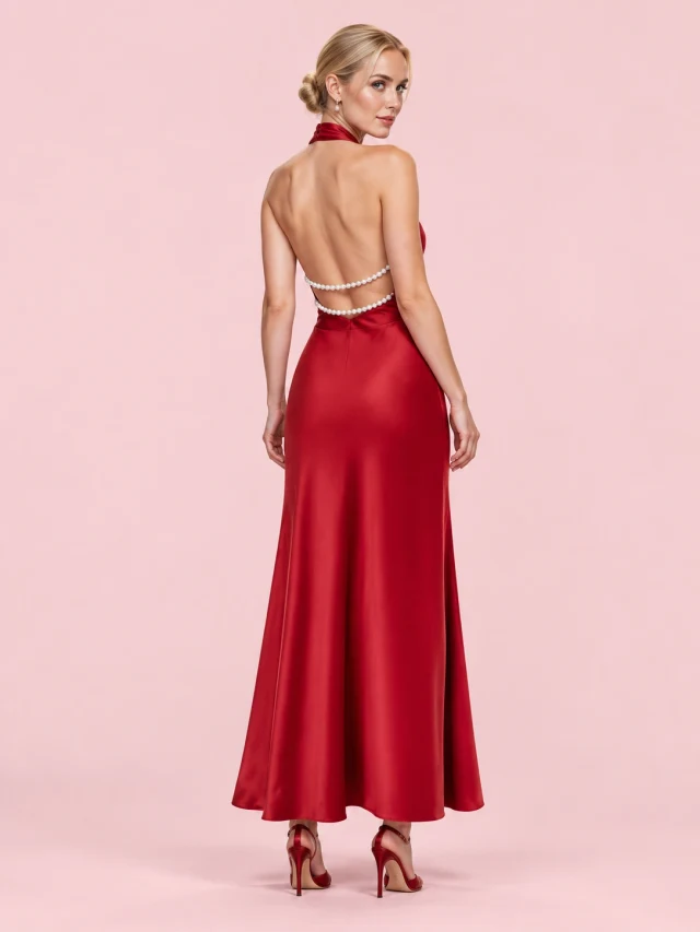 Satin Sexy V neck Pearl Backless Halter Dress Red - Shop at LoveMi