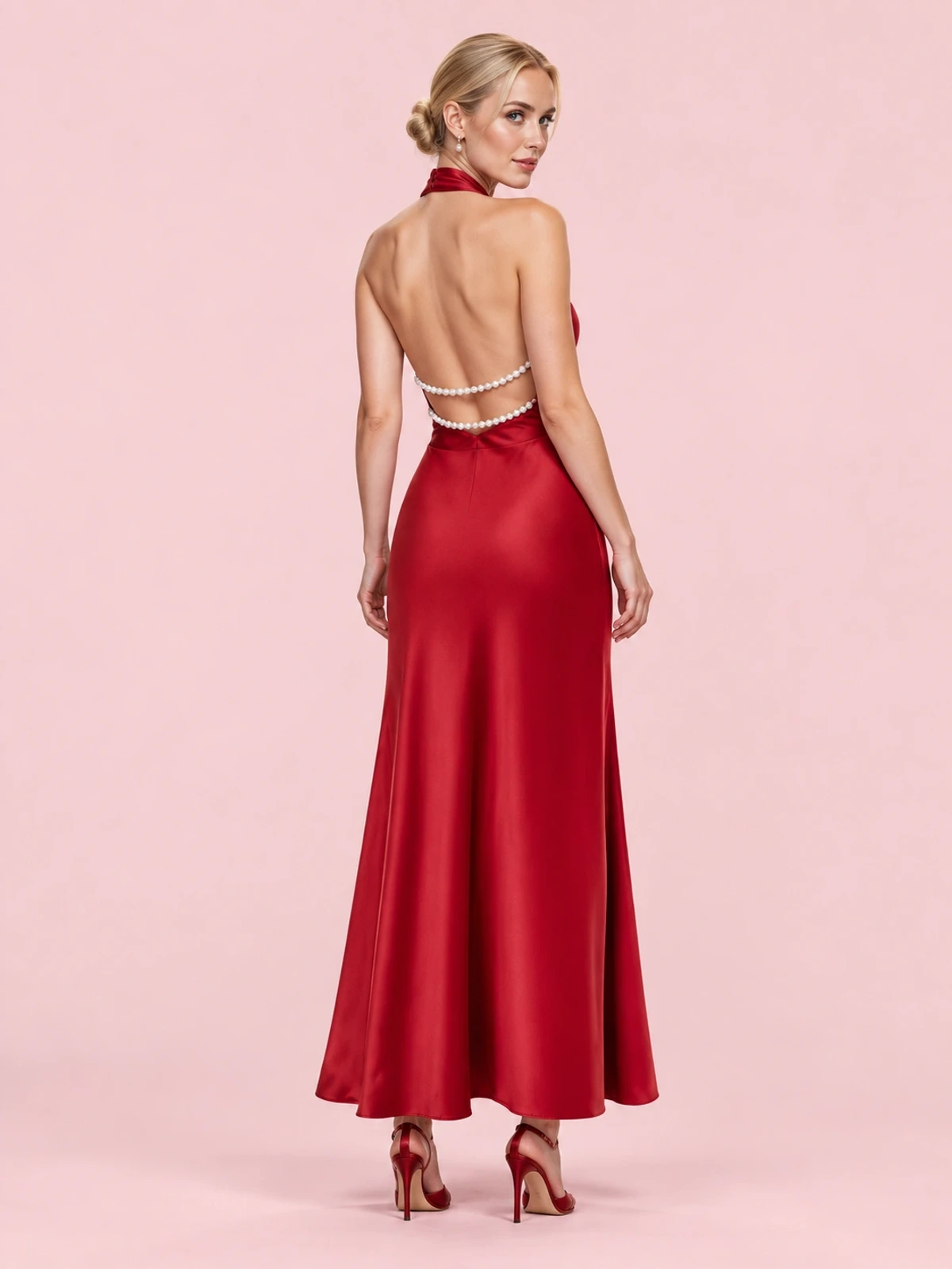 Pearl Detail Backless Halter Satin Maxi Dress - Red